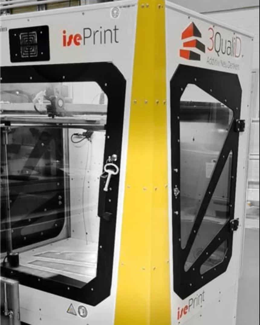 isePRINT industrial 3D printing at MTU, with a yellow side and black frame, labelled 'isePrint' and '3QualiD'.